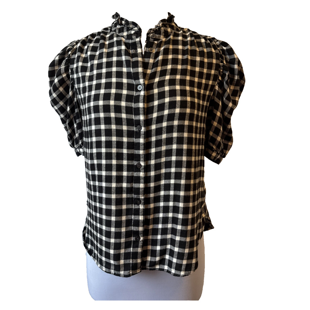 Gap Women's S Whimsigoth Plaid Soft Flannel‎ Short Puff Sleeve Shirt Ruffle Neck